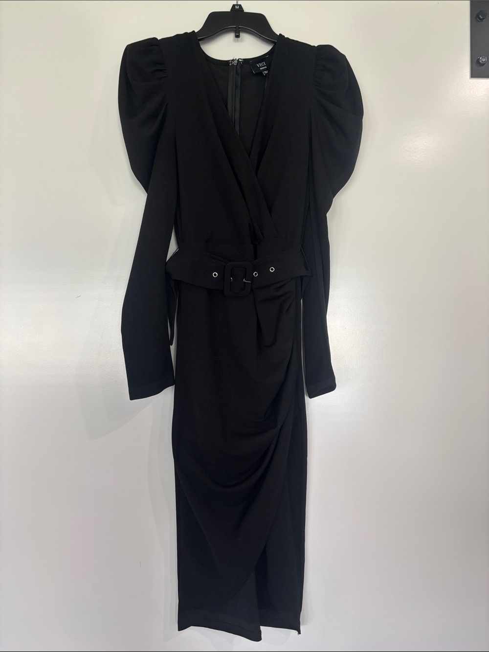 Vici Black Puff-Sleeve Wrap Midi Dress with Belt